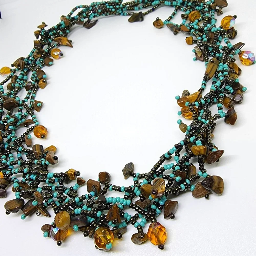 Artisan Turquoise Amber Tiger Eye 6 Strand Beaded Statement Collar Necklace